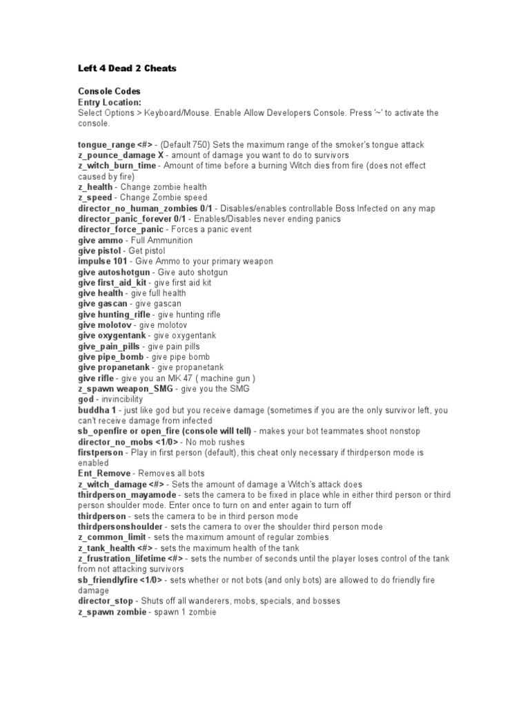 left 4 dead 2 console commands list