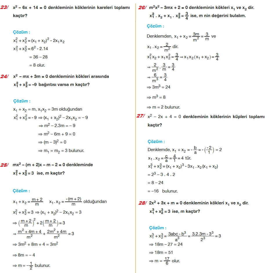 10 sınıf 2 dereceden denklemler çözümlü sorular 50 adet