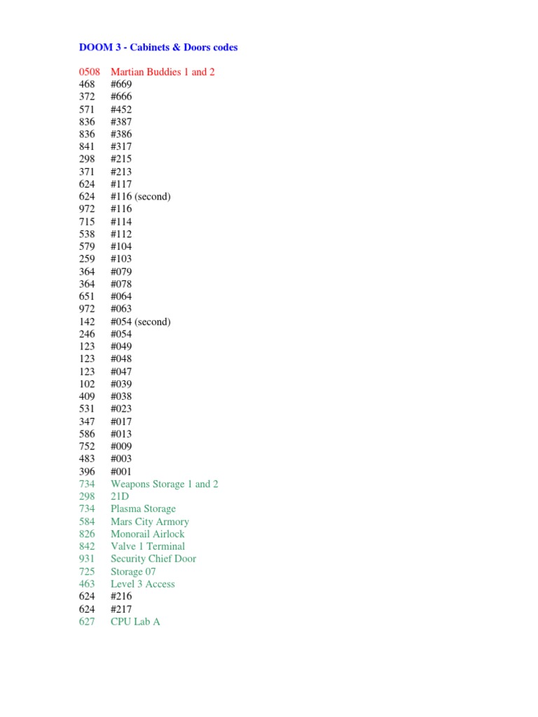 doom 3 locker codes