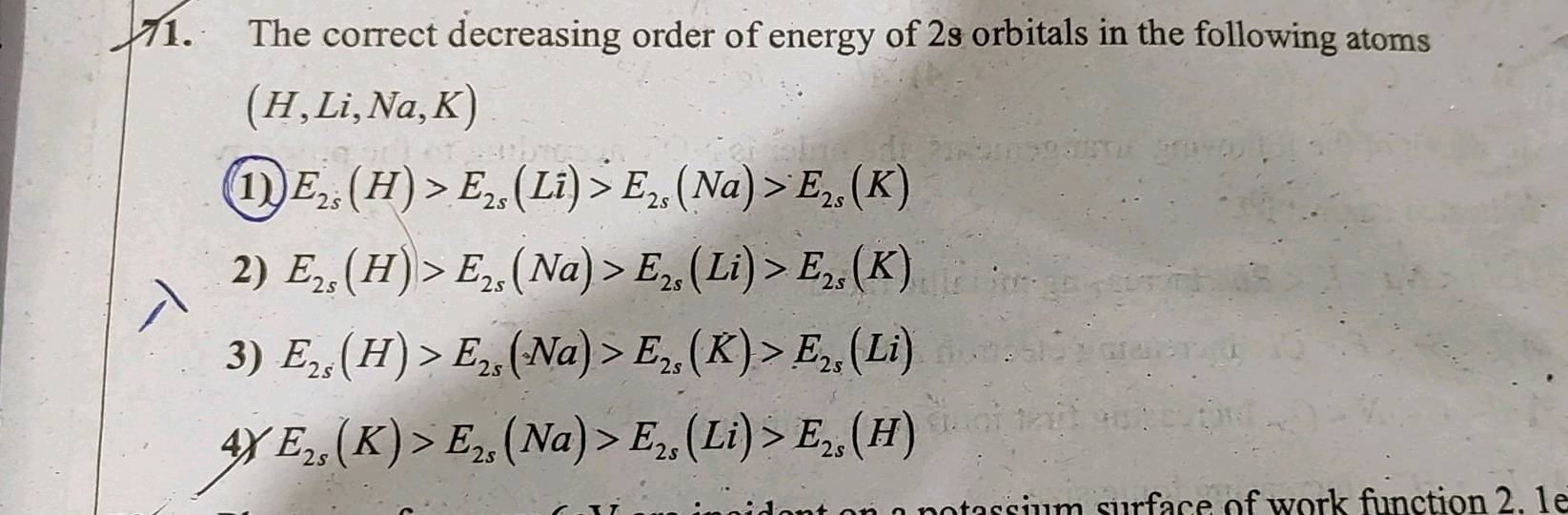 correct order of energy of 2s orbital