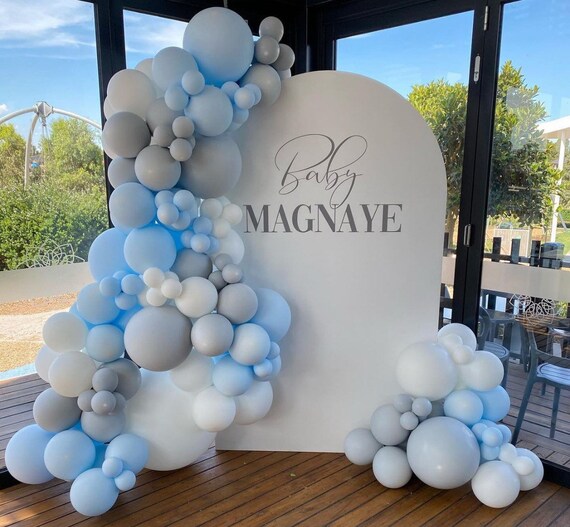 blue and white balloon garland