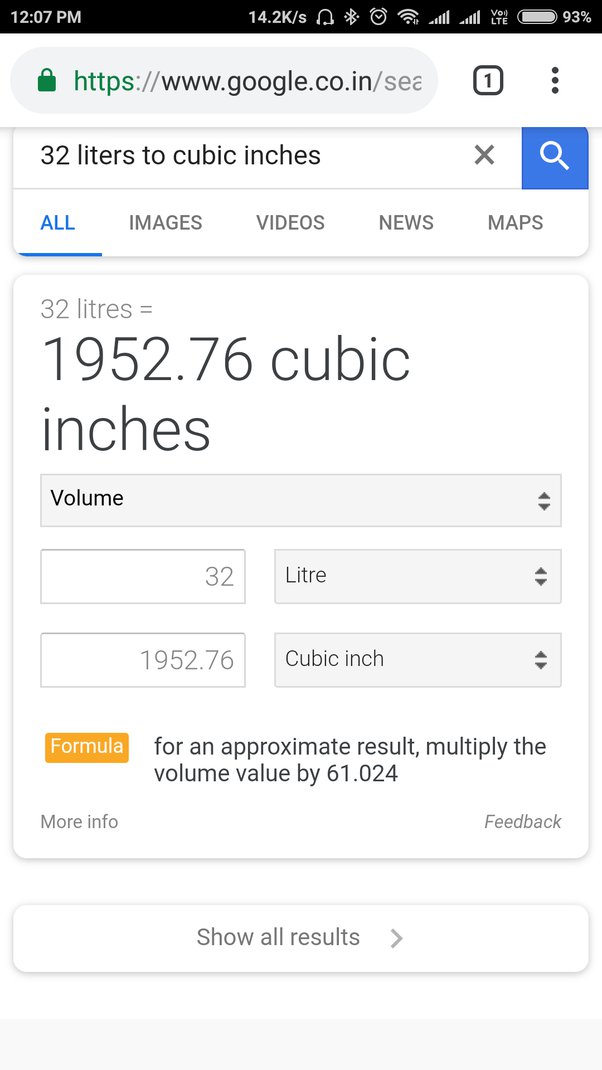 how many cubic inches in 6.2 liters