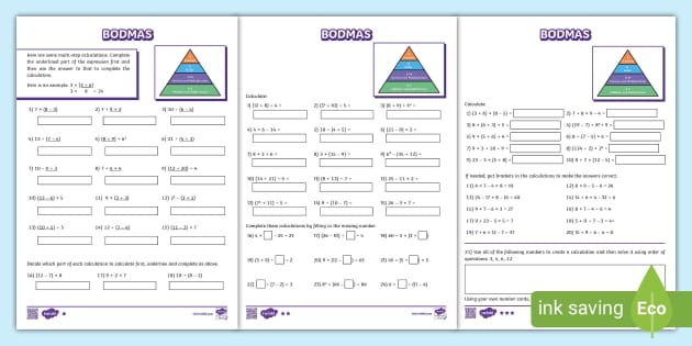 bidmas worksheets