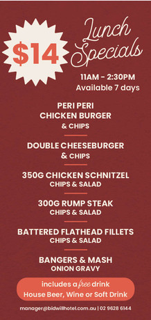 bidwill hotel menu