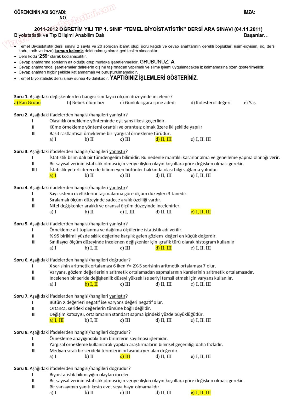 biyoistatistik vize soruları ve cevapları