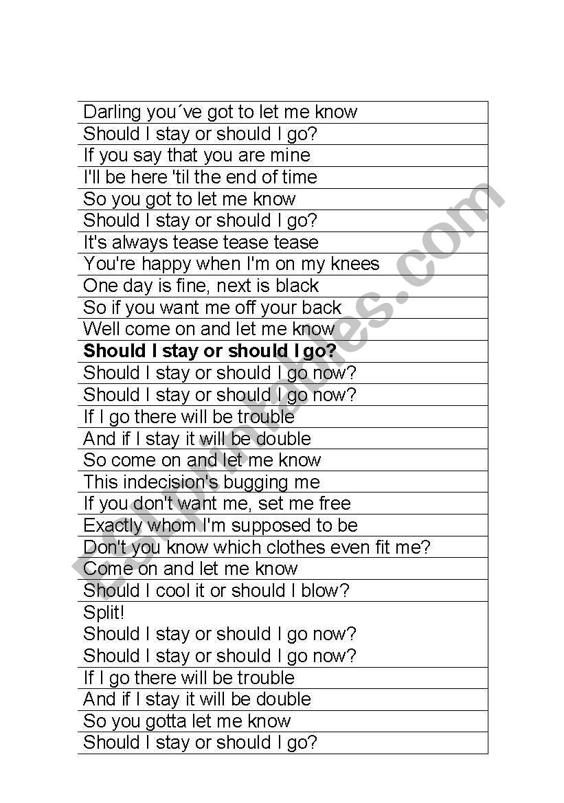 should stay or go lyrics