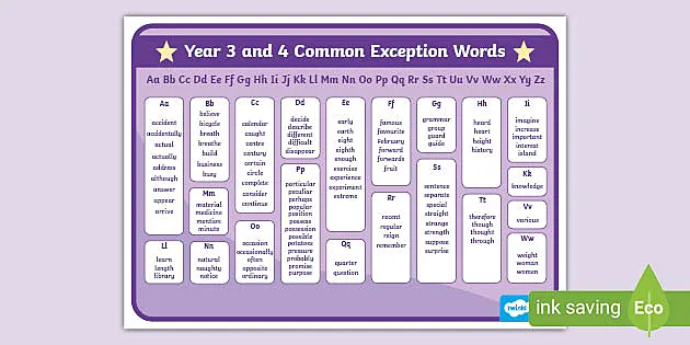 common exception words year 3 and 4