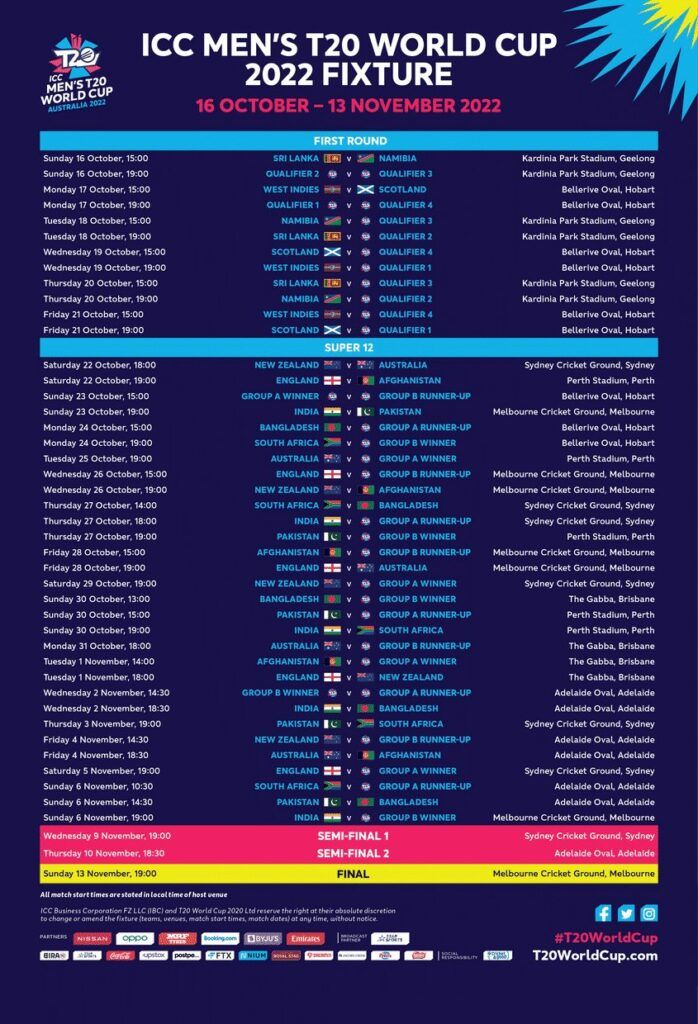 cricket world cup time table