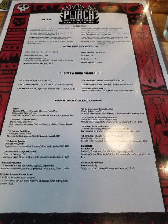 the porch southern fare & juke joint menu