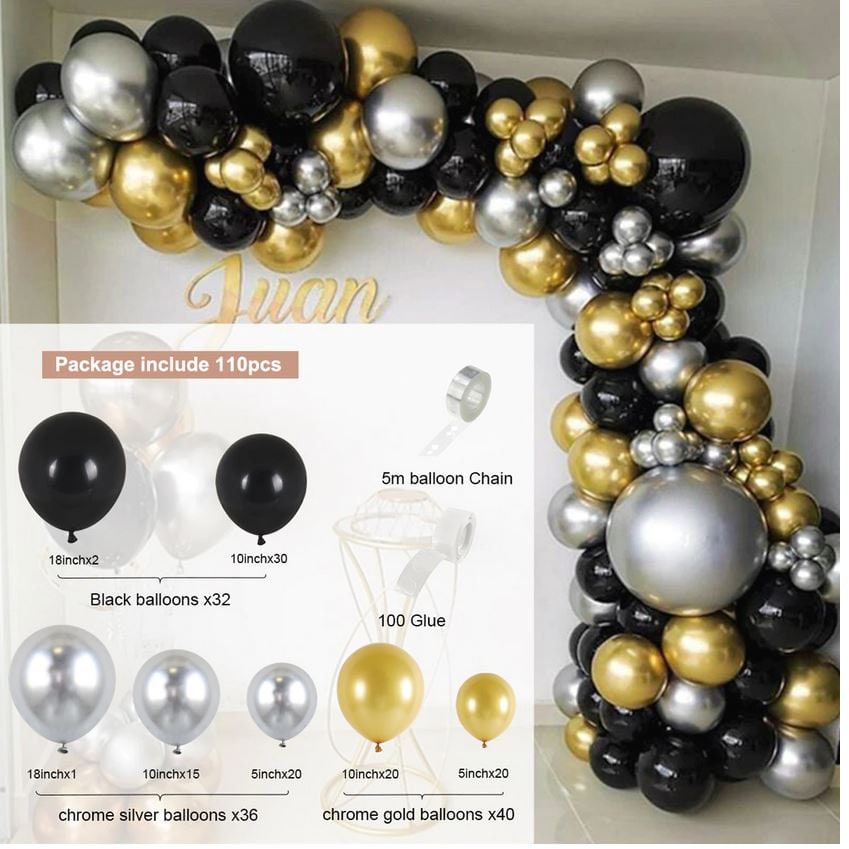 black and gold balloon arch