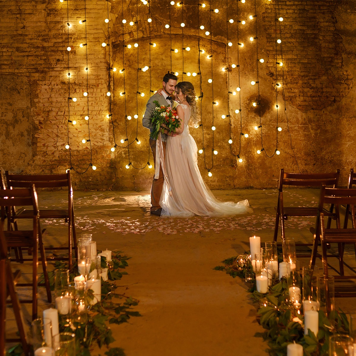 fairy lights wedding aisle