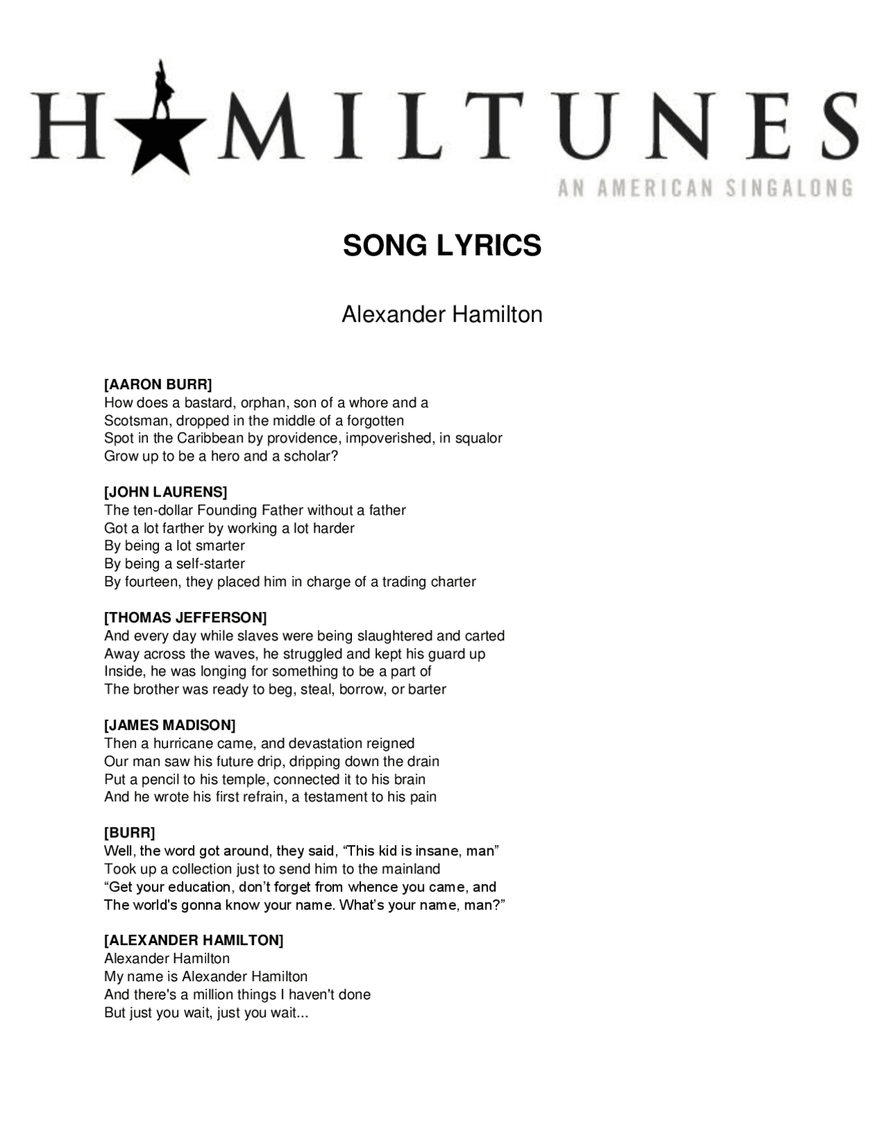 hamilton lyrics all songs