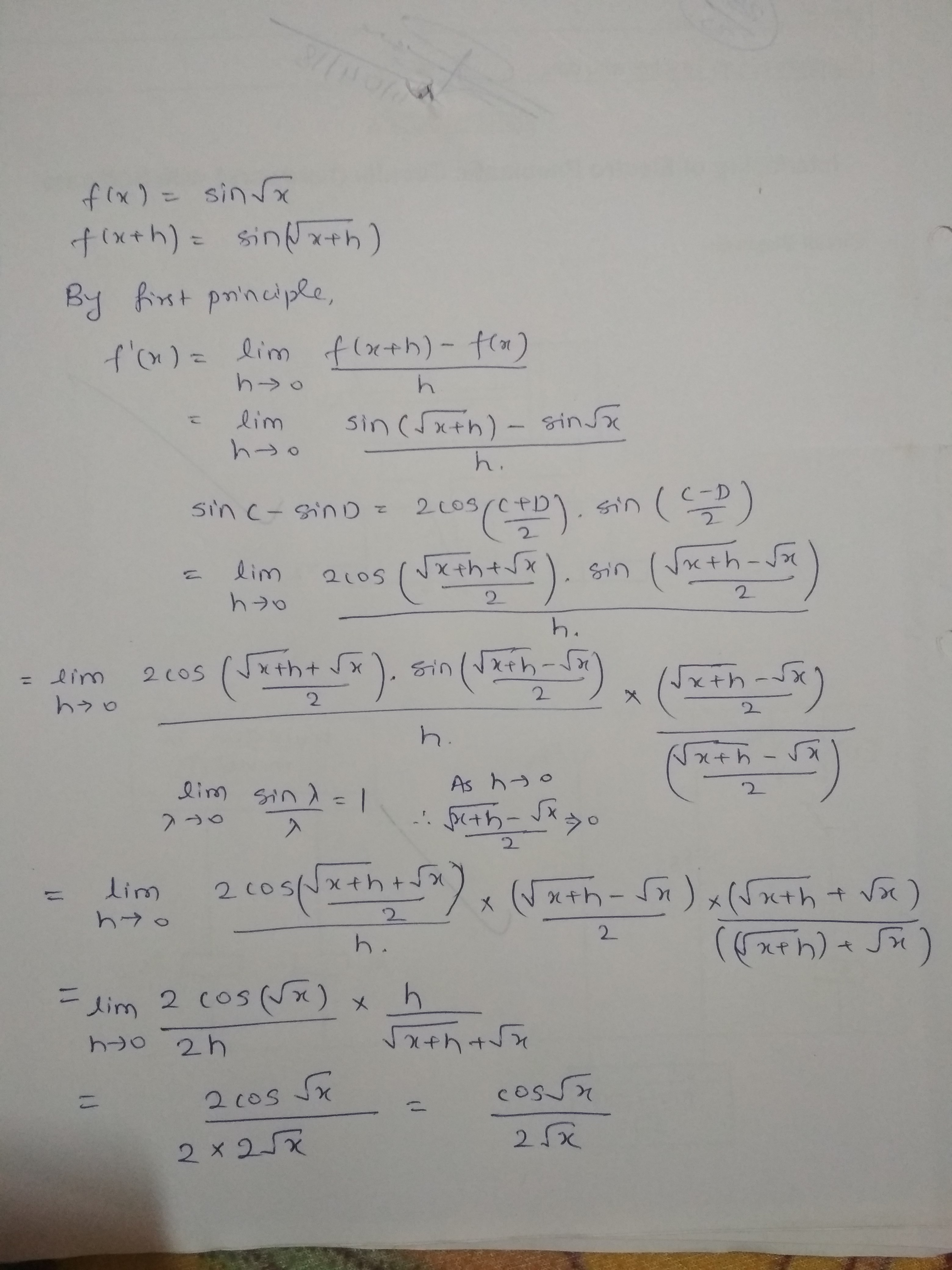 find the derivative of sinx from first principle