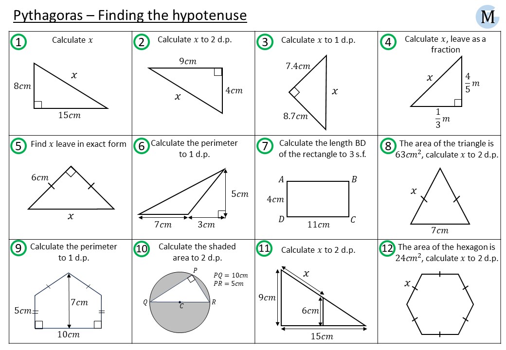 find the hypotenuse of a right triangle worksheet