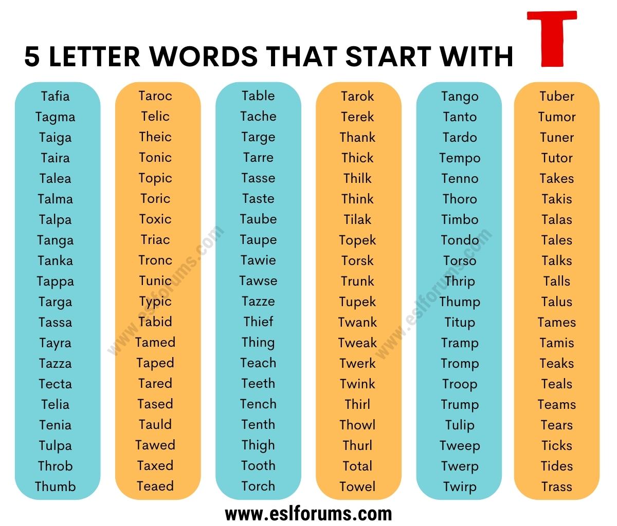 five letter word starts with t