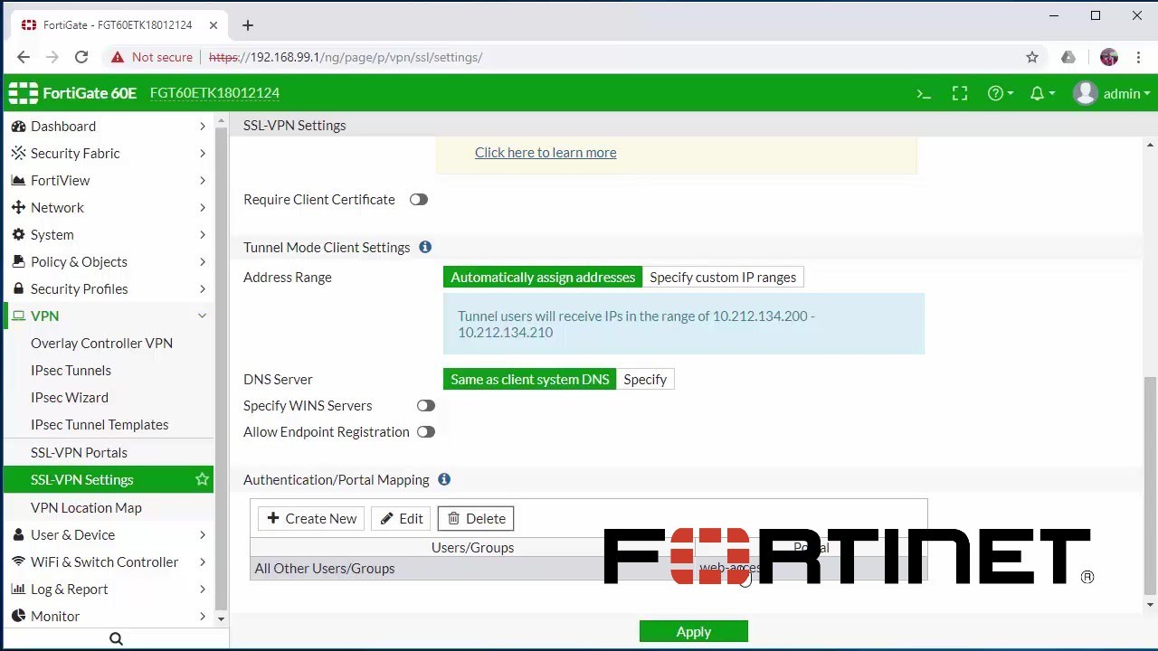 fortigate 60e vpn configuration