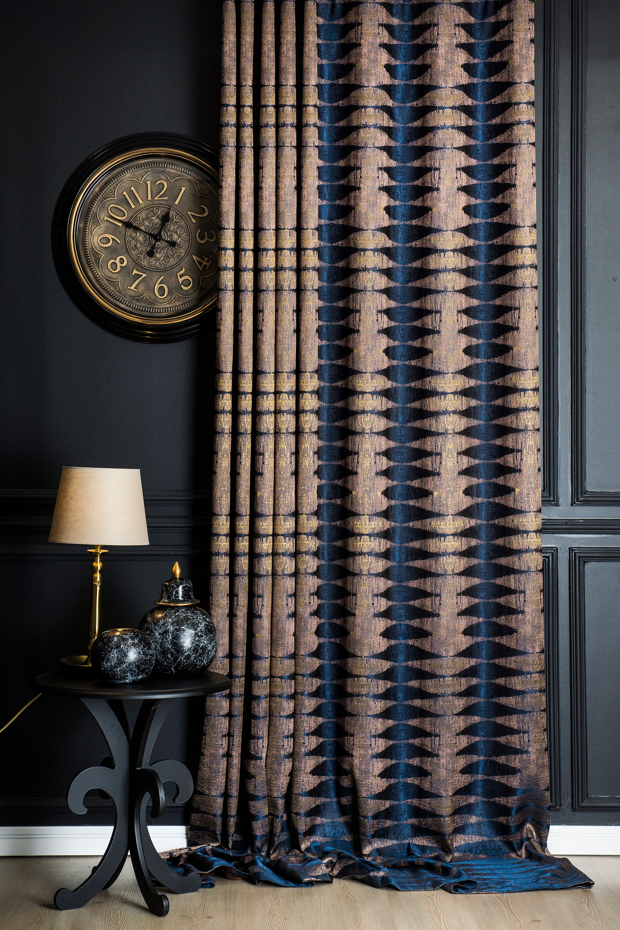 gold navy curtains