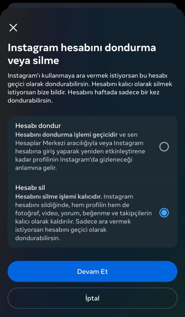 instagram güncelleme silme