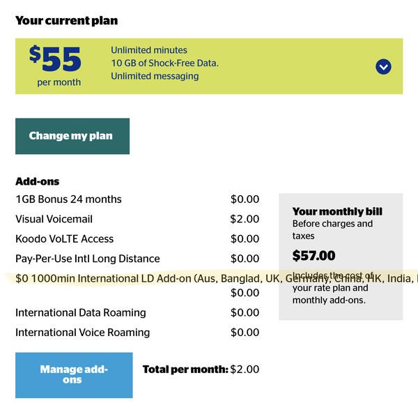 koodo international calling rates