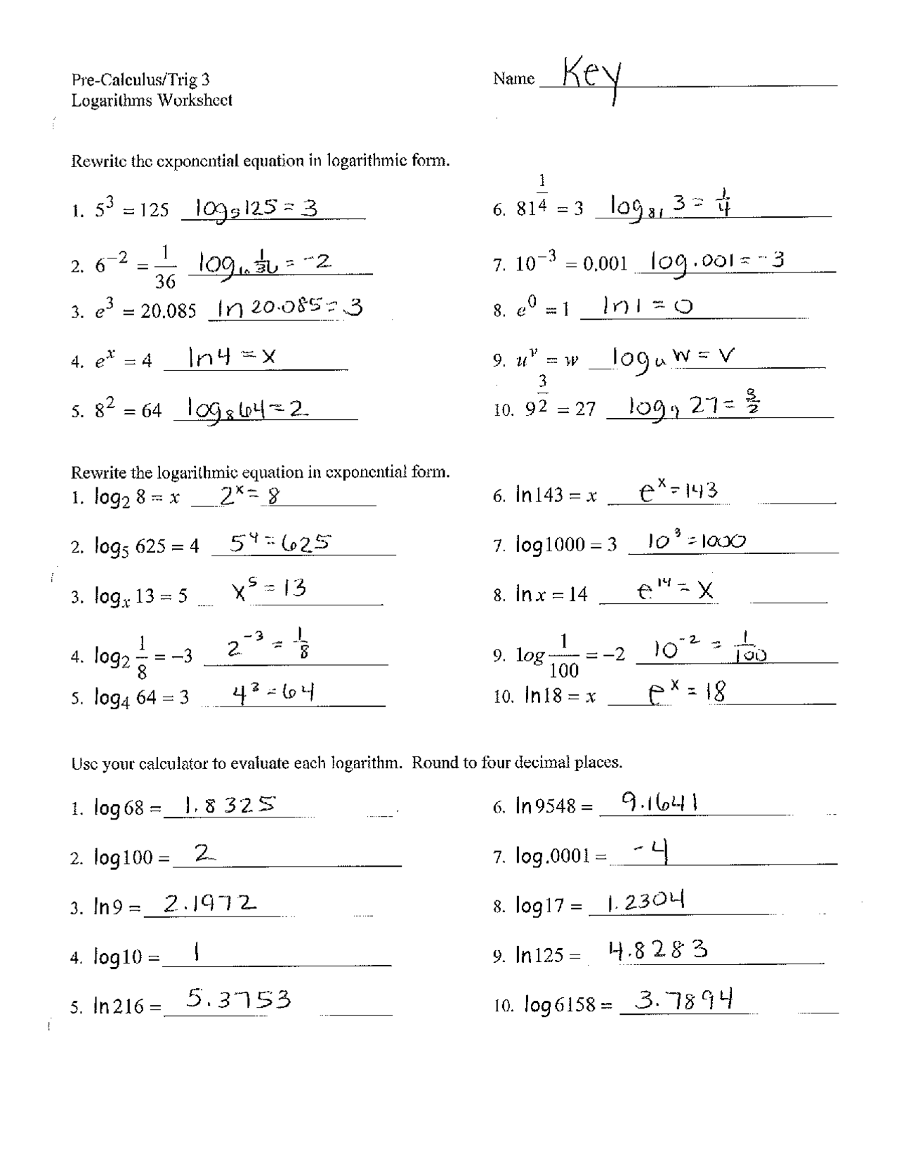 logarithmic functions worksheet