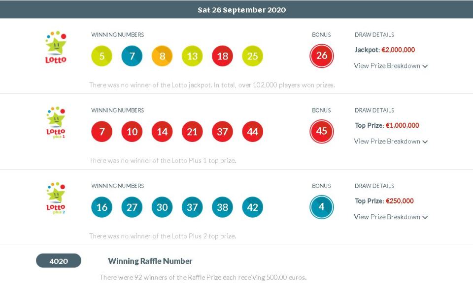 lotto winning numbers ireland