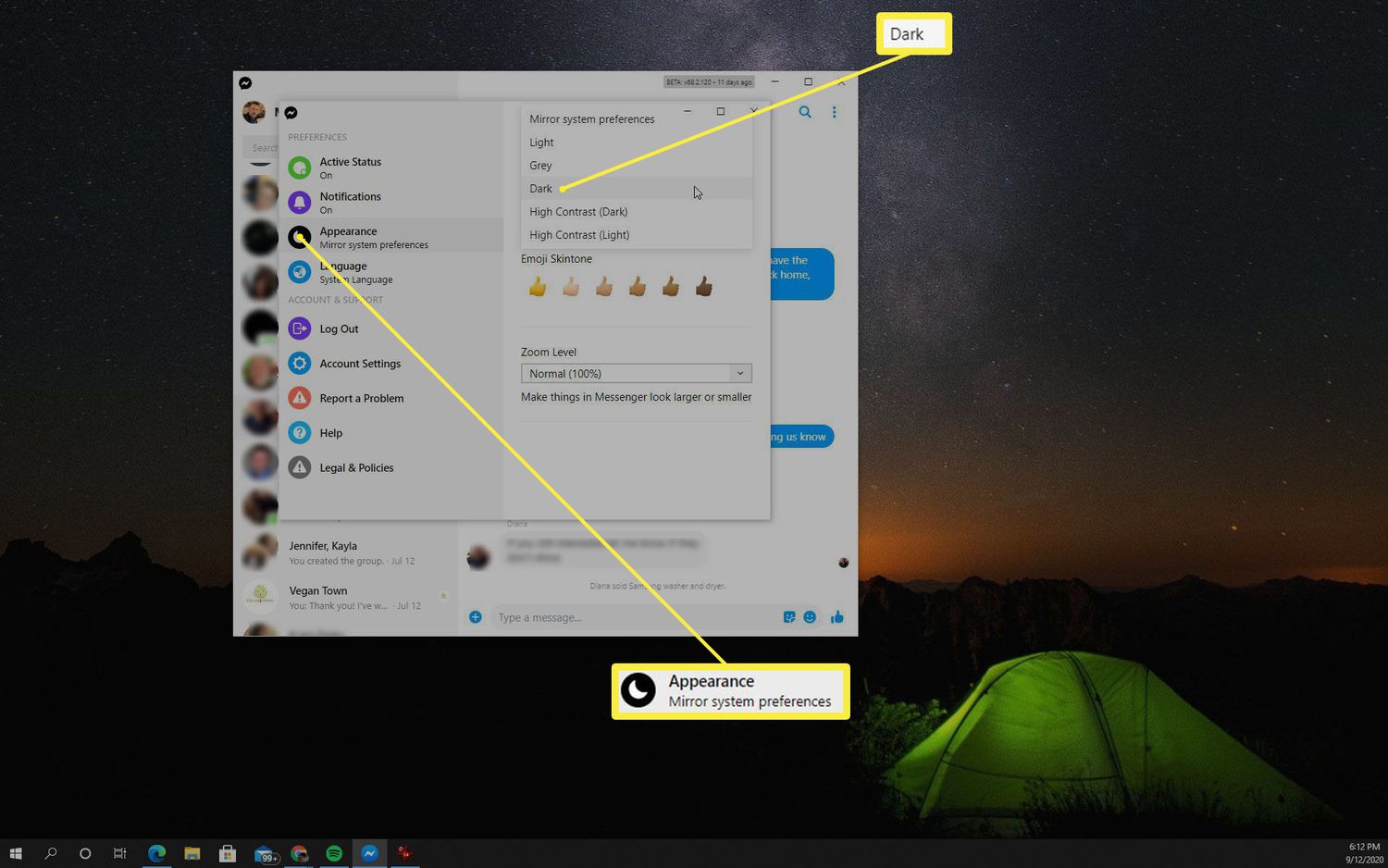 messenger dark mode chrome