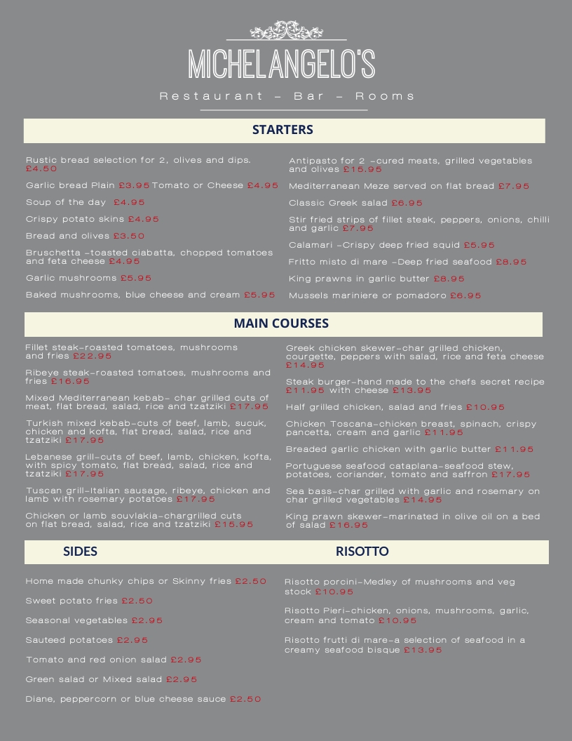 michelangelo bar & restaurant menu