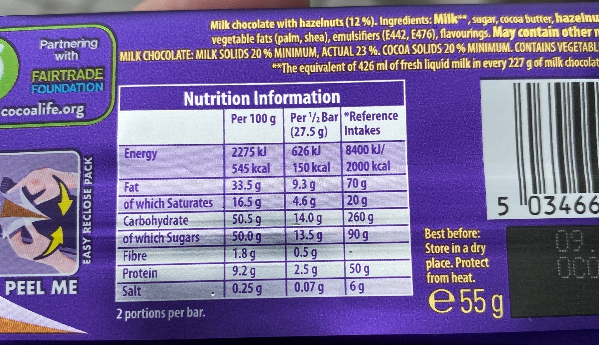 nutritional value of dairy milk chocolate