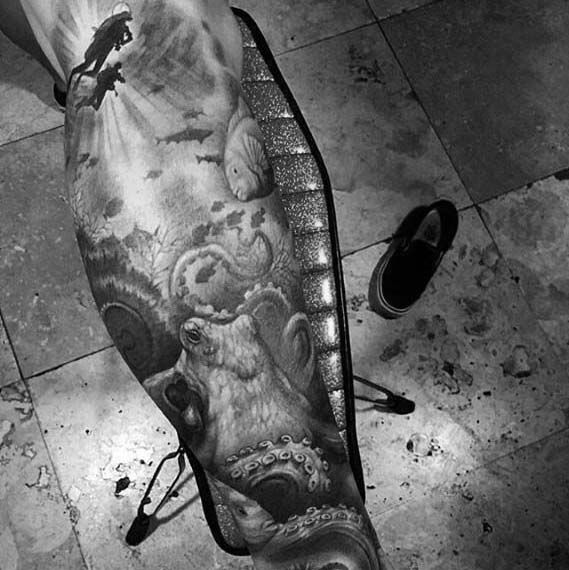 ocean tattoo sleeve black and grey