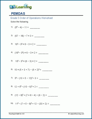 order of operations with exponents worksheet pdf