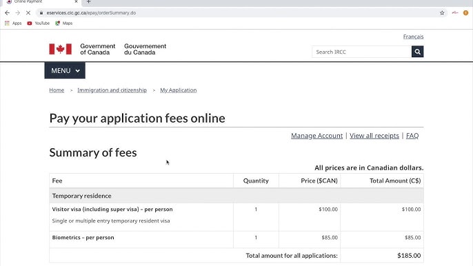 pay fees online ircc