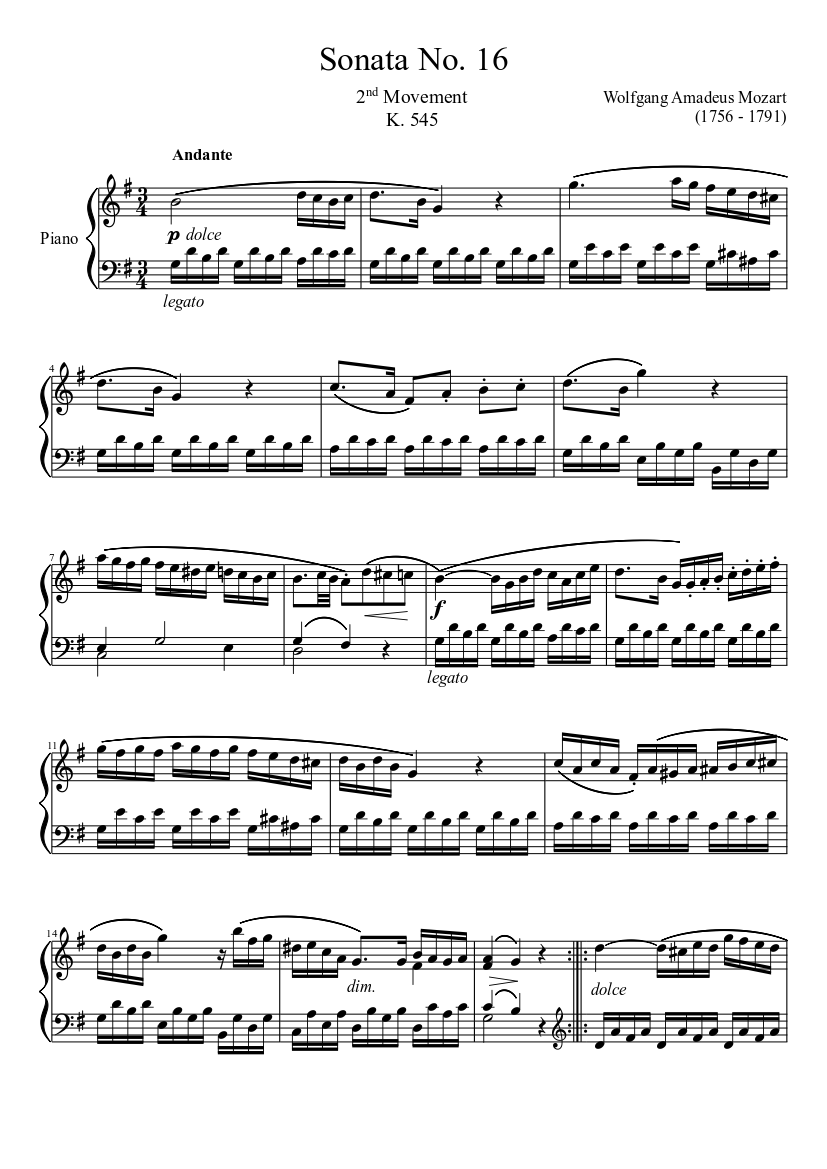 piano sonata no 16 mozart sheet music