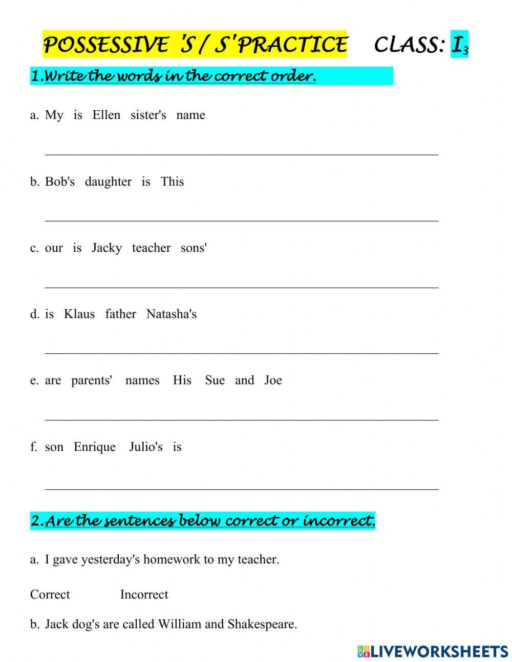 possessive s worksheet