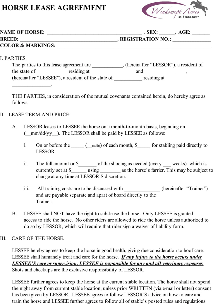 printable horse lease agreement