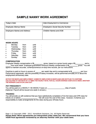 printable nanny contract template