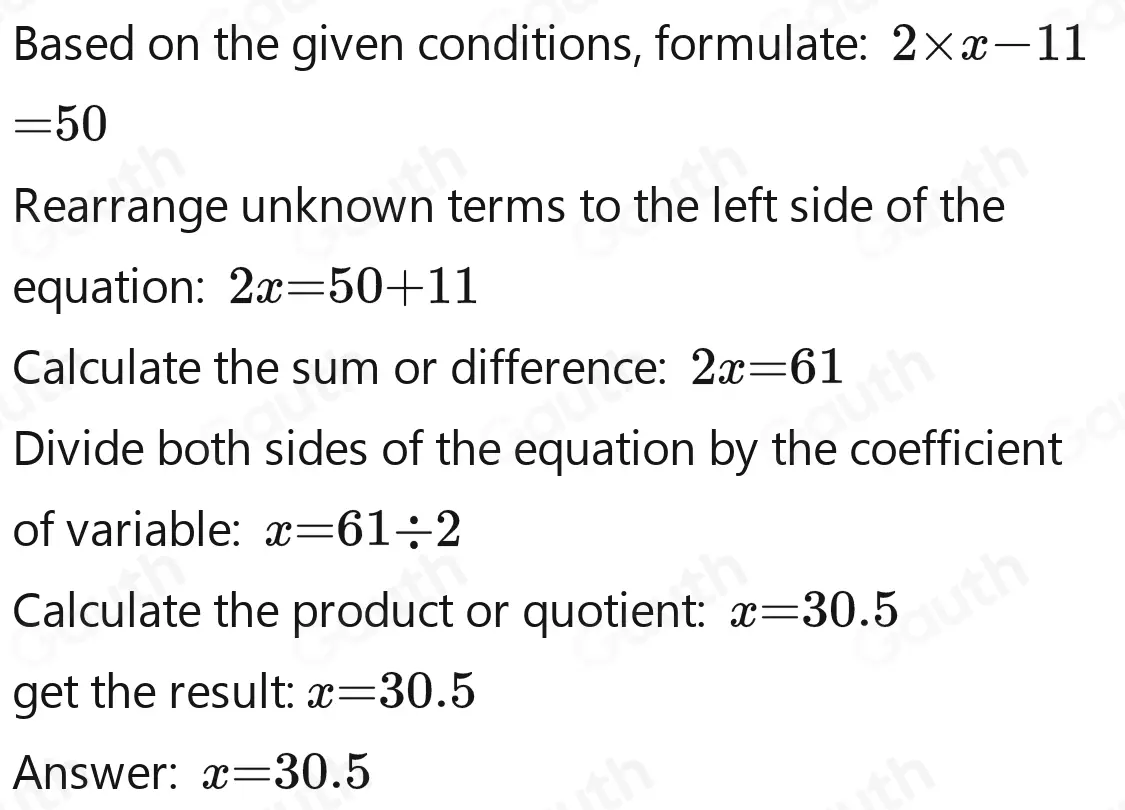 the difference of twice a number and eleven is fifty