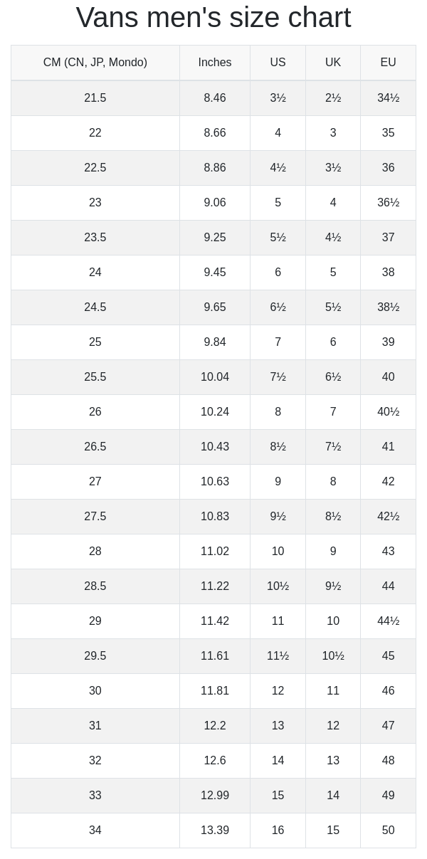 vans sizing chart